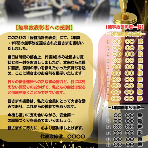 無事故表彰者一覧・感謝掲示ポスターデザイン