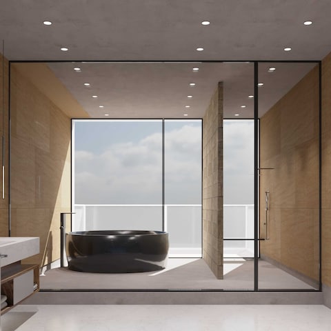 建築3DCGパース【高層階から景色を見渡せる浴室】