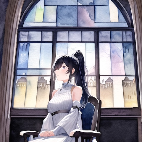 コンペに提出した座っている女性/黒髪/ポニーテイル