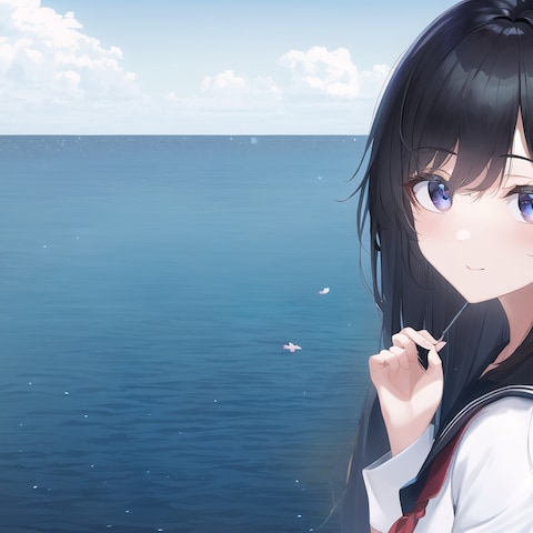 海を背景にした女の子