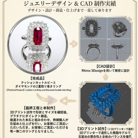 ルビーの価値を高める2重取り巻きリング　CADデザイン・制作