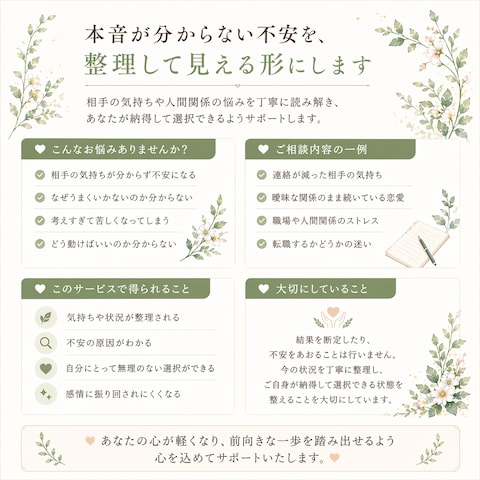 本音が分からない不安を、整理して見える形にします
