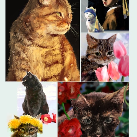ねこ、動物　写実画