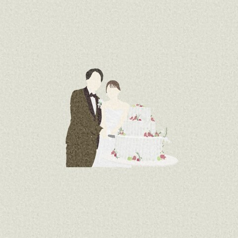 ケーキ入刀のワンシーンを、やさしい結婚式イラストに