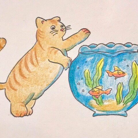 猫と金魚鉢(色鉛筆)