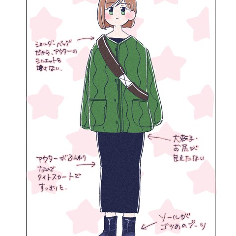 カーキのキルティングアウターの着回し