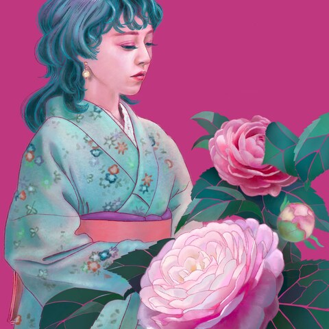 着物女性と牡丹
