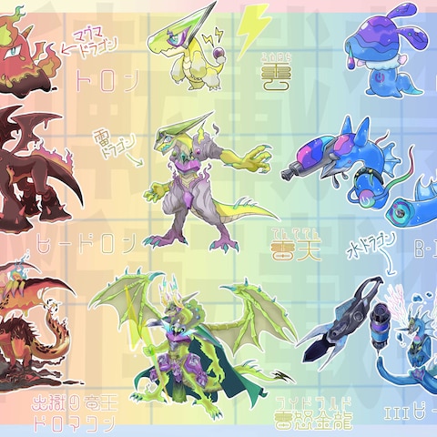 三属性ドラゴンの3段階進化(キャラクターデザイン)