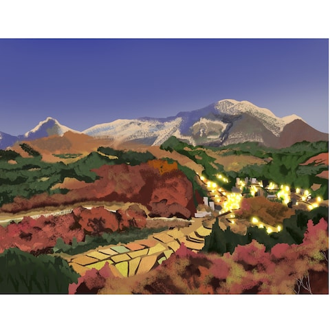 赤の山、村のフカンイラスト