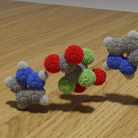 科学系3DCG例：机上に漂うぬいぐるみ調の酸・塩基分子