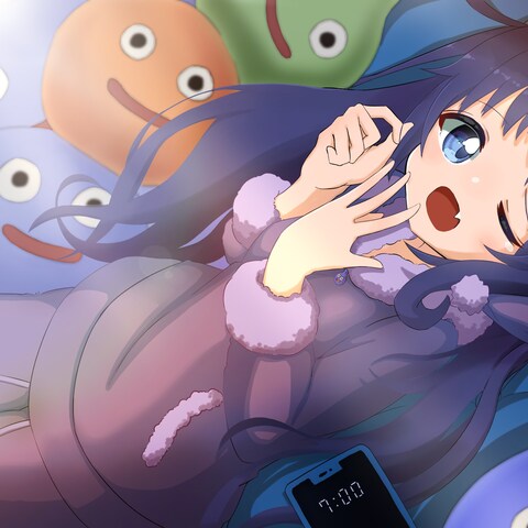 スライムのぬいぐるみに囲まれた寝起きの少女