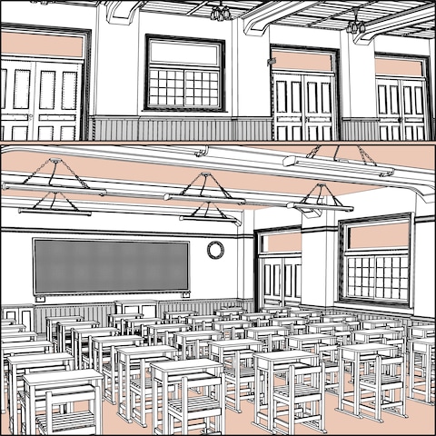 学校系 - レトロな校舎の廊下と教室