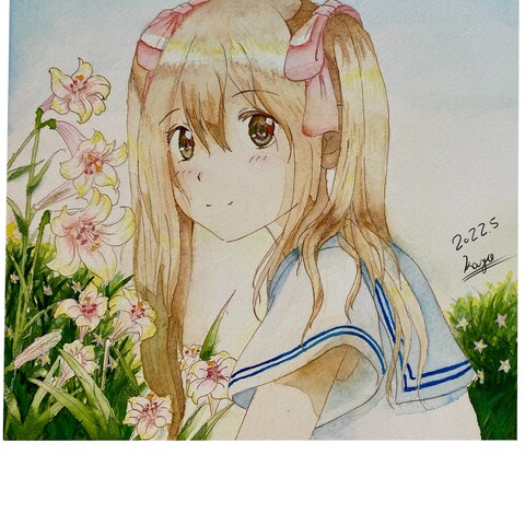 水彩画　テッポウユリと女の子