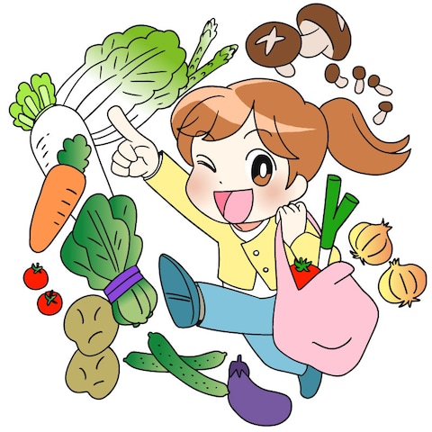 野菜とスーパーへ行く女性のイラスト