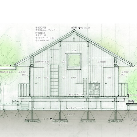 建築の手書き断面図