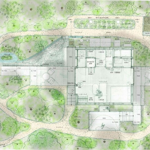 雑木林に建つ建築の手書き平面図