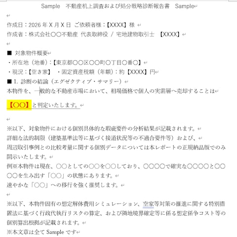 【機密】訳あり不動産 処分戦略・机上診断報告書サンプル