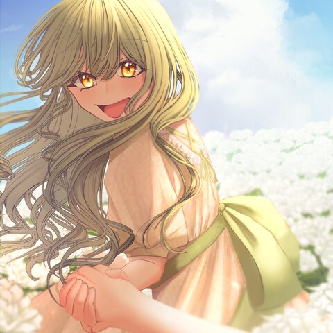 花畑で手を引く女の子