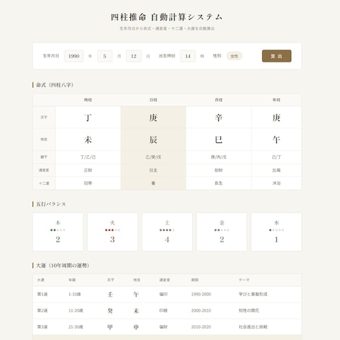 四柱推命 自動計算Webアプリ