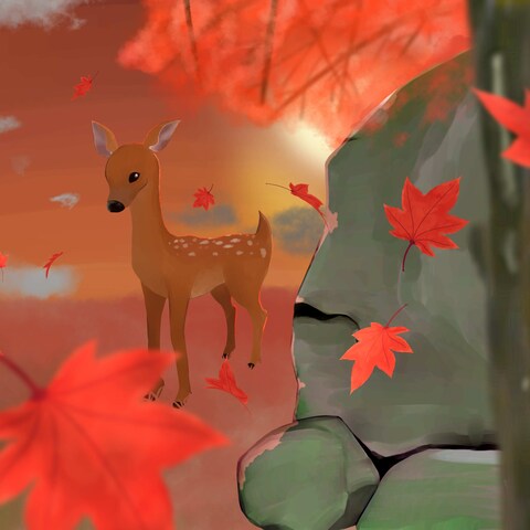 小鹿と紅葉