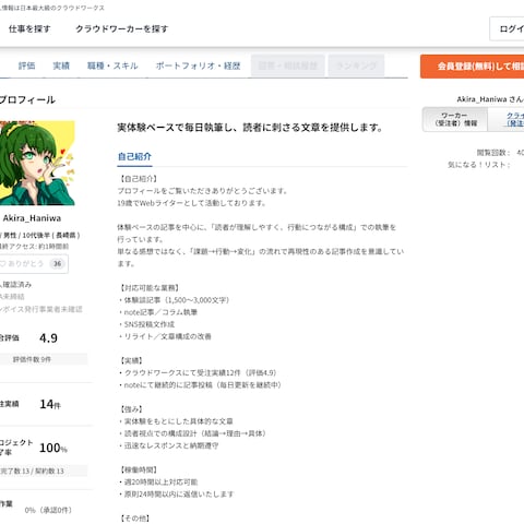 クラウドワークスでの実績・評価