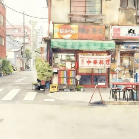 下町の郷愁を誘う水彩の中華料理店