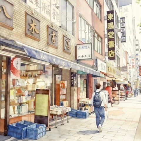 神田神保町の古書店街を歩く若者の風景