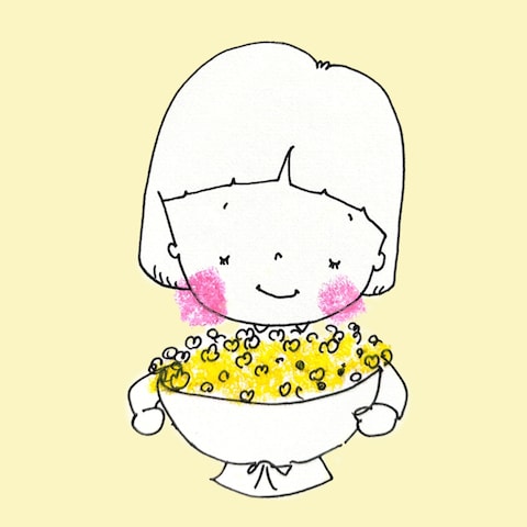 ほっこり手描き・ミモザの花束を抱える女の子