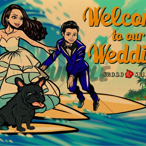 サーフィンをしているご夫婦と愛犬の結婚式ウェルカムボード