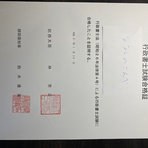 2026年行政書士試験合格証