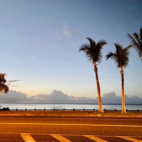 夕日に照らされた58号線