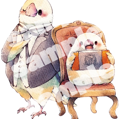 ゲーム好きな執事文鳥さん（アナログ水彩）