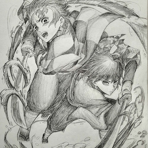 フィギュアを参考に描いた竈門炭治郎＆冨岡義勇