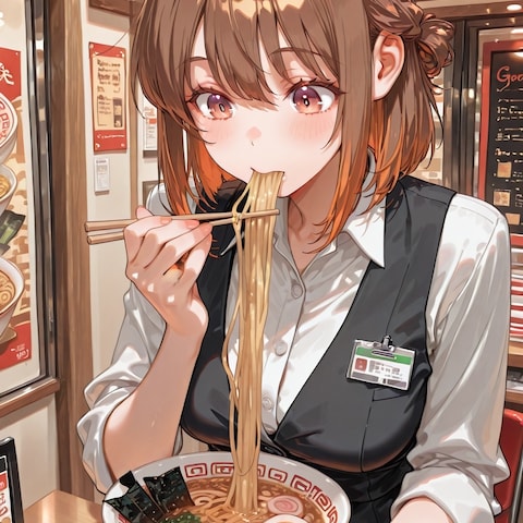 ラーメンを頬張るお姉さん・日常シーンイラスト