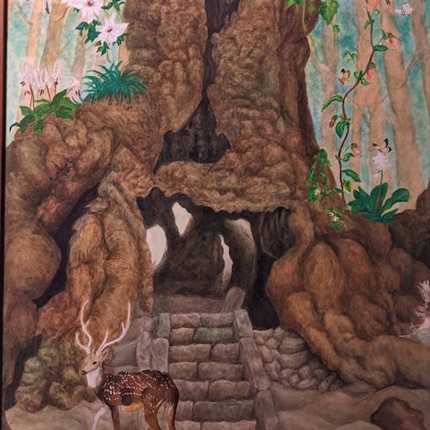 水彩画で描いた、クスノキの大木と森の仲間たち