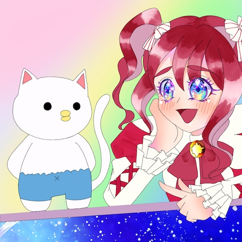 魔法の窓から星空を眺める女の子とマスコット