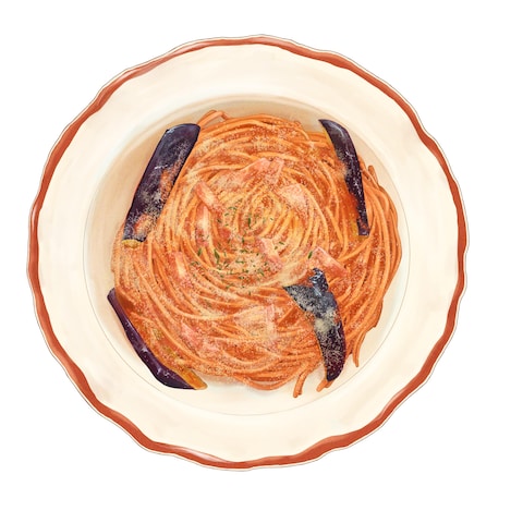 ベーコンとなすのトマトパスタ