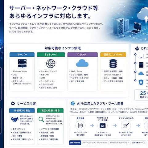 現役インフラエンジニアです。大小関わらず親身に対応します。