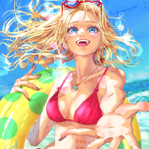 可愛いアニメ顔でリアルなボディ 海の明るい日差しのイラスト