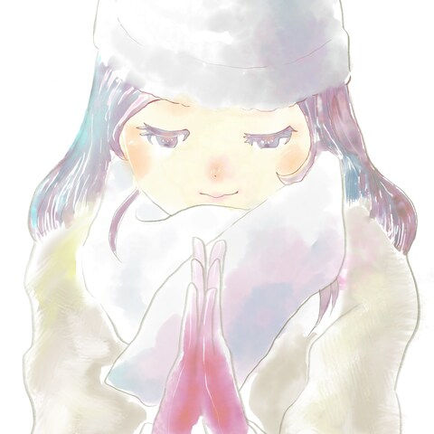 オリジナル 水彩調イラスト 初詣