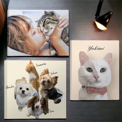 猫、犬、お子様などのイラストキャンバスアート