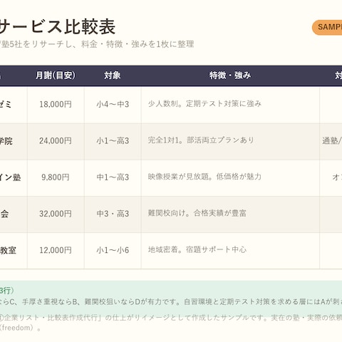 競合サービス比較表・企業リスト作成の制作サンプル