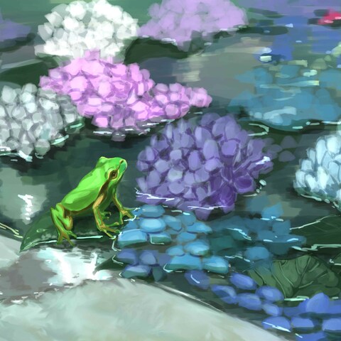 蛙と花手水
