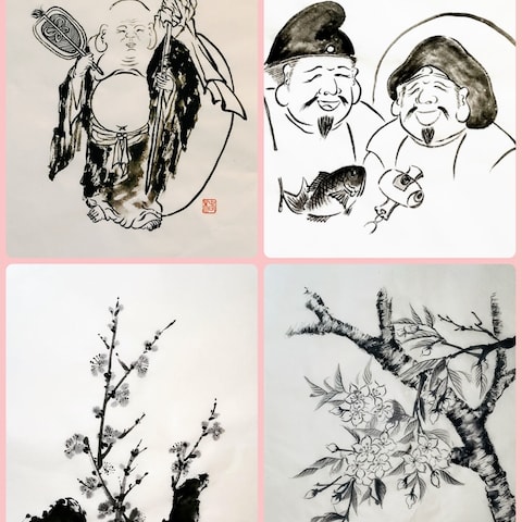 神様と日本を感じさせる梅・桜の墨絵を描きました