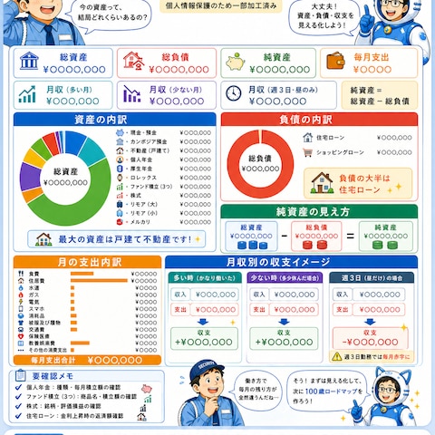 お金と資産を整理し、収入・支出・資産・負債を見える化します
