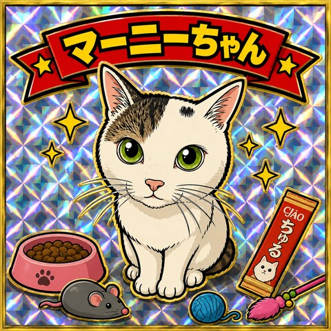 愛猫マーニーのビックリマン風シールデザイン