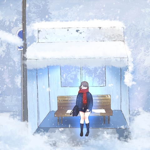 【ノスタルジー】雪降る田舎のバス停で。静寂を描いた一枚絵