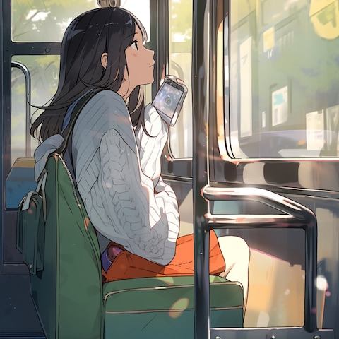 女の子がバスの窓から景色を眺める