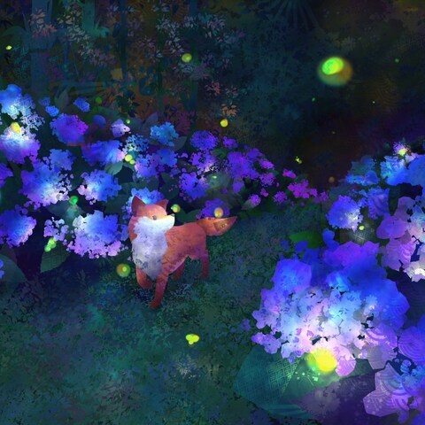 宵闇の中群れ咲く紫陽花を優しい光で照らす蛍の森を見つけた小狐