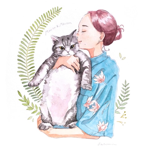 友人と飼い猫のアナログ水彩画